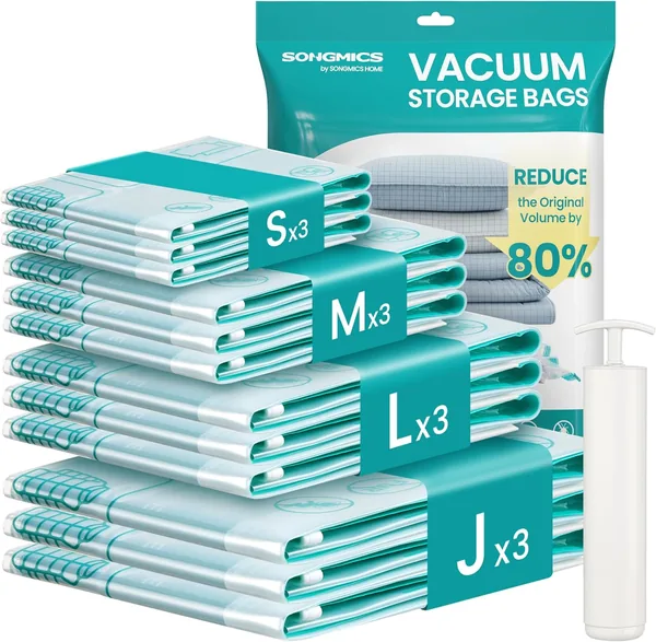 SONGMICS Vacuum Bags, Bags for Clothes, Sheets Cabinets, Travel, Compact and Reusable, Hand Pump Included, 12 Pieces, 3S/3M/3L/3J