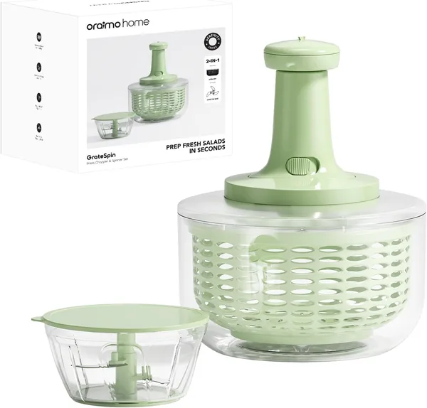 مُدَرِّب السلطات المُزدوج من Oraimo، 1.3 لتر مجفف خضار و 400 مل مفرمة، مضخة يدوية سريعة للتجفيف والتنظيف، قفل