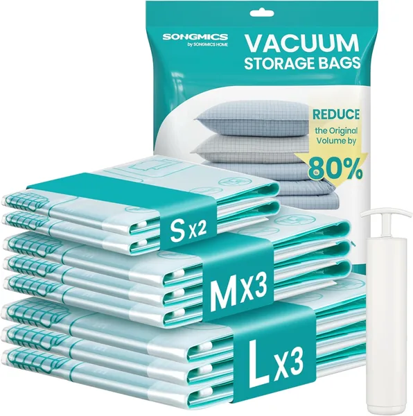 SONGMICS Vacuum Sealer Bags for Clothes, Bedding Storage Bags Travel Space Saving Reusable with Hand Pump, 8 Bags