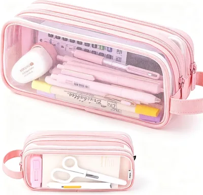Estuche para Lápices Escolar de Malla Transparente 2 Compartimentos Rosa | Capacidad para 50-90 Lápices con Malla Transparent