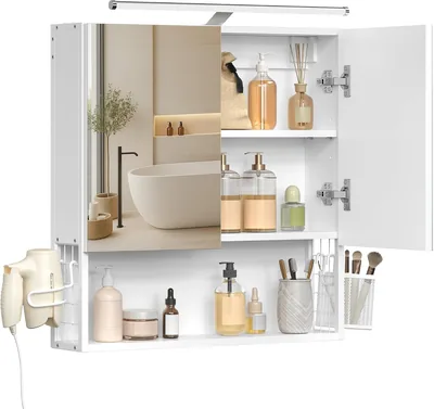 VASAGLE BBK224WB01 Meuble mural avec miroir, Armoire de salle de bain avec LED, avec câble, 2 portes, étagère ajustable, Ha