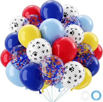 Ballon pour chien Pat Rouge, Jaune et Bleu - 50 Pièces Ballons Paw avec Helium Confetti pour Fête
