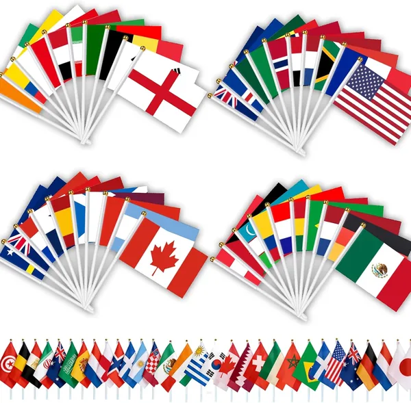 AhfuLife 48 Pays Drapeaux de Football Coupe du Monde, 14 x 21 cm Drapeaux Décorations Coupe du Monde avec Pôle Blanc de 30 cm pour Compétition - Meilleur Prix