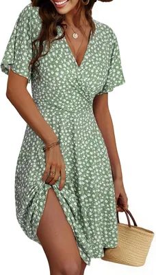 Robe d'été florale Cicy Bell pour femmes, robe midi A-line à manches courtes et col V