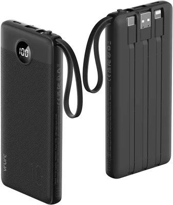 VRURC Energibank, 10.000 mAh med 4 inbyggda kablar | USB-C Extern mobil telefon batteri med LED-skärm