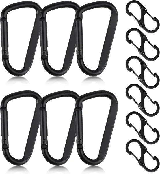 12 Pcs Black Carabiner Clip Heavy Duty Carabiners: 6 D Shape Hook & 6 S Karabiner, Metal Heavy Duty 