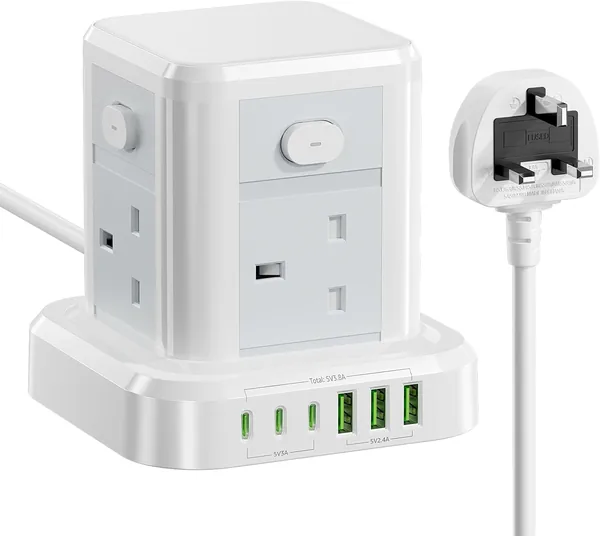 Cube Extension Lead with USB Slots, 4 Way Multi Plug Extension Socket with 3 USB C 3 USB A(13A/3250W) Tower Power Strip with 4 Independent Switches 1.5M Extension Cords for Desk