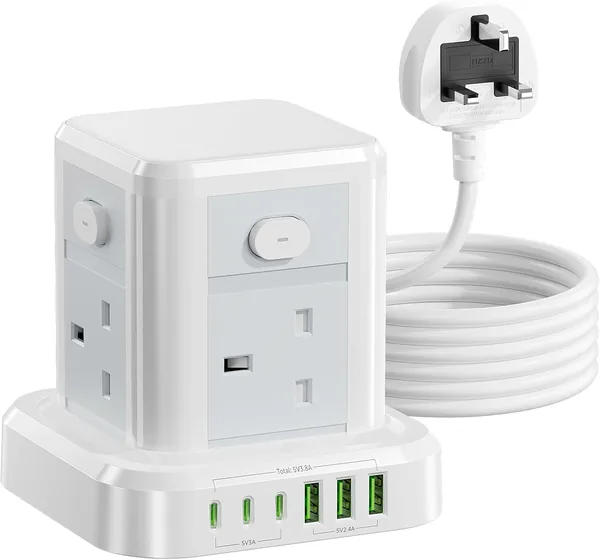 Cube Extension Lead with USB Slots, 4 Way Multi Plug Extension Socket with 3 USB C 3 USB A(13A/3250W) Tower Power Strip with 4 Independent Switches 3M Extension Cords for Desk Home