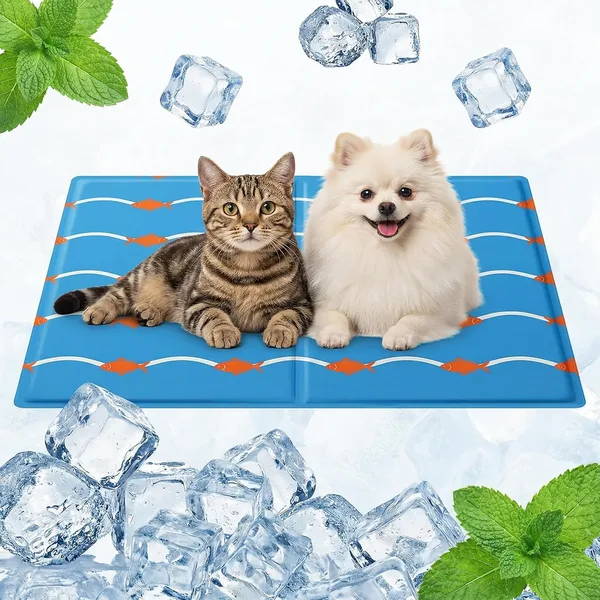 Mat de refroidissement Qoosea pour chiens et chats 50 x 65 cm - Motif vague et poisson, mat auto-refroidissant, imperméable et pliable, pour la maison