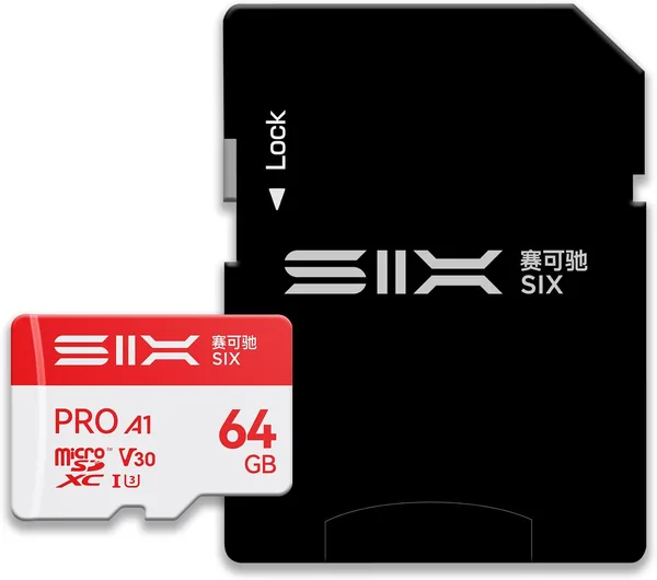 SIX M100 64GB Micro SD Card Max Read Speed 100MB/s - A1, U3, V30 4K UHD MicroSDXC Flash Memory Card 64GB (Adapter Included) Compatible with Android Smartphones, Tablets, Drive Reco