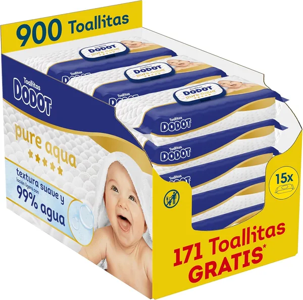 Dodot Pure Aqua Soft Textured Baby Wipes, 900 Wipes (15 Packs of 60 Count) with 99% Water Lotion