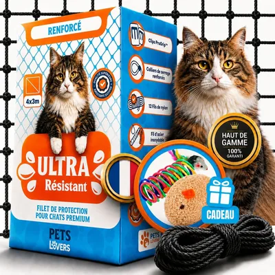 Réjout de balcon pour chat Petslovers renforcé anti-UV en acier inoxydable 4 x 3 m Noir | Kit d'installation sans perçage, avec 2 jouets