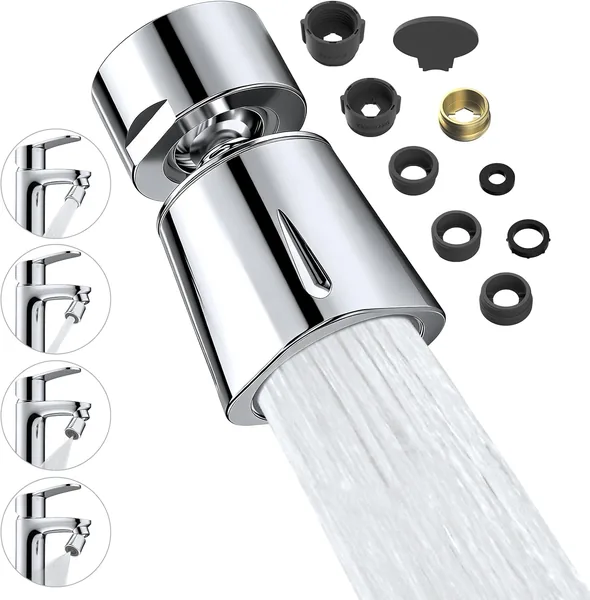 Hibbent Tap Attachment with 4 Jet Types, 360 Rotatable & 35 Tilting Kitchen Aerator, Brass Swivel Ball, 22 mm Internal Thread with 6 Adapters, Chrome