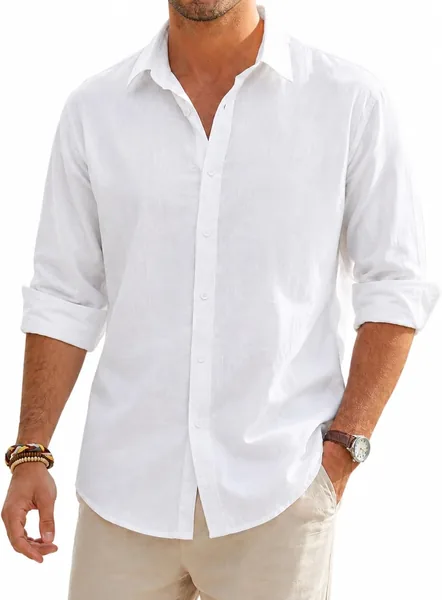 Camisa de manga larga SEAYIJIA para hombre, camisa de lino y algodón casual, corte estándar, top business casual, ideal para vacaciones en la playa