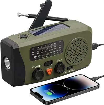 Radio portátil con carga solar y manivela, radio de emergencia FM/AM con linterna LED y luz de lectura