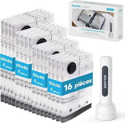 Sacs de rangement sous vide avec aspirateur sans fil rechargeable, 16 pièces en 4 tailles (60x50cm, 60x40cm, 50x40cm, 50x30cm), Adapté