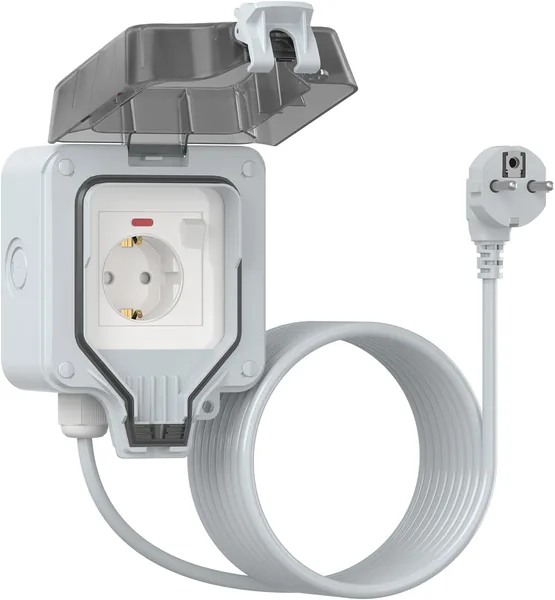 Outdoor Socket Waterproof IP66 Outdoor Socket with Extension Cable 5 m, Switch with Indicator Light, Lockable Hinged Lid, Surface-Mounted Wall Mounting for Garden and Outdoor, Grey