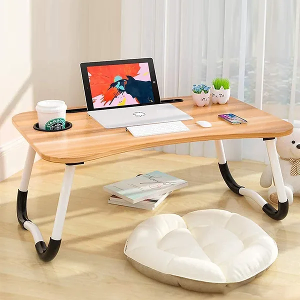 DHRUVINE Study Table Foldable Wooden Laptop Bed Tray Table, Multifunction Lap Tablet Desk with Cup Holder