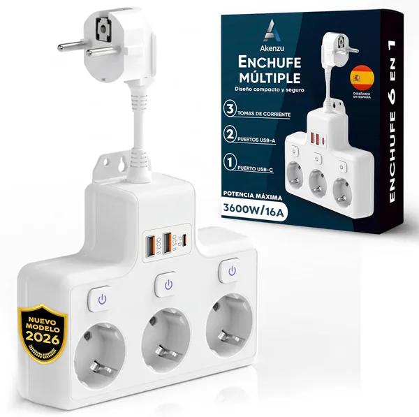 AKENZU -6-in-1 Modular Socket Strips | Multiple Plug | Surge Protection Socket Strip | Flat Plug with USB/USB-C | Wall Switch Socket-White