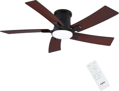 Newday Ventilateur de Plafond en Bois avec Éclairage et Télécommande, 116 cm Ventilateur avec 5 Palmes Réversibles, Moteur DC Silencieux, Étape