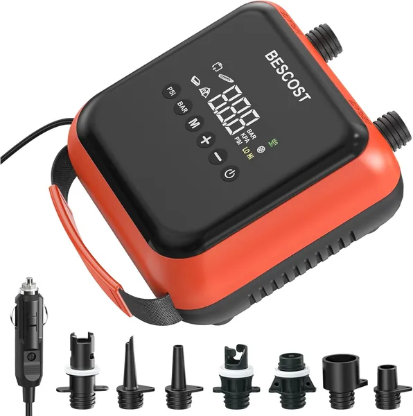 BESCOST 20PSI Paddle Board Electric Pump, 12V Dual Stage SUP Pump & Deflator, 300L/min Auto-Off for Inflatable Kayaks, Boats, Tents and Stand Up Paddle Boards