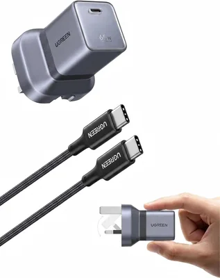 شاحن UGREEN Nexode Air 65W فائق السرعة مع كابل USB-C، قابلة للطي | شاحن GaN مصغر من الفئة V0 مقاوم للحريق