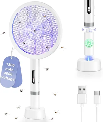 BKXCHA 2 in 1 Raccogli Mosche Elettrico, 4000V, Caricabatterie USB, Rete a Maglie Tripla - 9% di Sconto