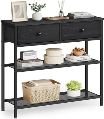 SONGMICS BELLAH Colección - Mesa Consola con Estantes de Rejilla, 2 Cajones, Negro Ébano, 12% Off