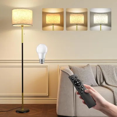 Lampe de sol LED pour salon - 12 W avec télécommande et ampoule RGB E27, corde à tirer, lampe de lecture réglable pour la maison