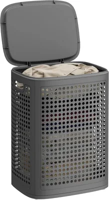 SONGMICS Cesta de Lavanda con Tapas, Cesta Plástica de 75 L, Cesta delgada para Lavandería, Baño, Sala de Lavandería, Dormitorio, Color Oscuro
