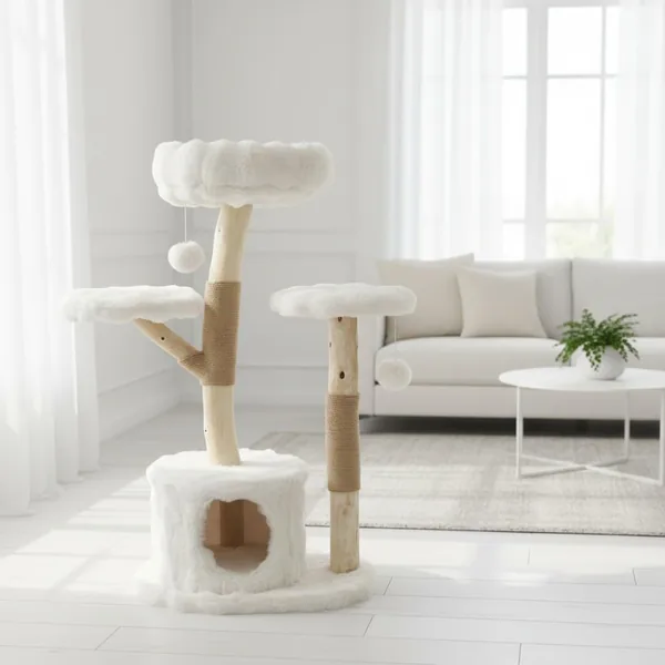 Real Wood Modern Cat Tree Tower - White, Multi-Level Cat Condo