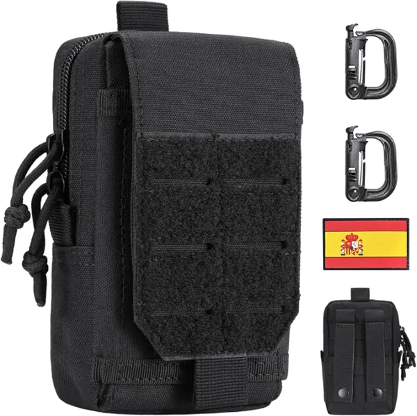 BAPLONEX Tactical EDC Belt Pouch with Spain Patch and 2 Tactical Carabiners | Tactical Waist Bag Molle Pouch for Survival, Military, Hiking, Hunting, Fishing, and Other Uses