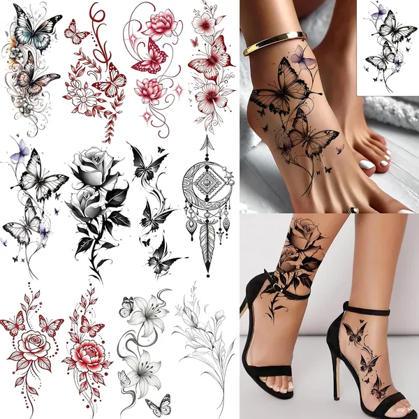 12 Blatt Schöne Schmetterlingsblumen Temporäre Tattoos für Frauen Erwachsene Aufkleber Realistische Pionie Rose Traumfänger Falsch