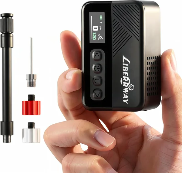 Mini Electric Bike Pump 120PSI with Pressure Gauge, Auto Stop & LED Light - Cordless Portable Bicycle Pump for Road, Mountain Bike, E-Bike, City and Fat Tyre Bikes with Presta & Schwalbe