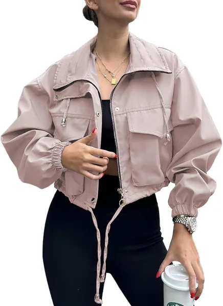 Womens Cropped Jacket Zip 2026 Trendy Zip Up Lightweight Utility Anorak Coat Long Sleeve Short Jacket with Pockets