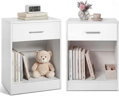 OSLIFE Juego de Buros para Recamara Minimalista, Par de Modernas Mesas de Noche Blancas con Cajones, Mesa Lateral Pequeña, 12% Off