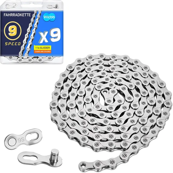 Wicbb 9-Speed Bicycle Chain 116 Links with Chain Lock: 9 Speed Bicycle Chain Silver 116 Chain Links for Mountain Bike Sports Bike Durable Bicycle Chain Compatible with Various Bicy