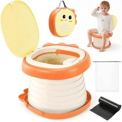 KTMOUW Entrenador de Baño Portátil para Niños con Dinosaurio, Amarillo - Bacinica Plegable con Bolsa de Basura