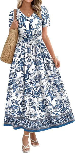 OFEEFAN Maxi Dresses for Women V Neck Ladies Midi Long Dress A Line Smocked Waisted Casual Summer Spring Clothes Boho Beach