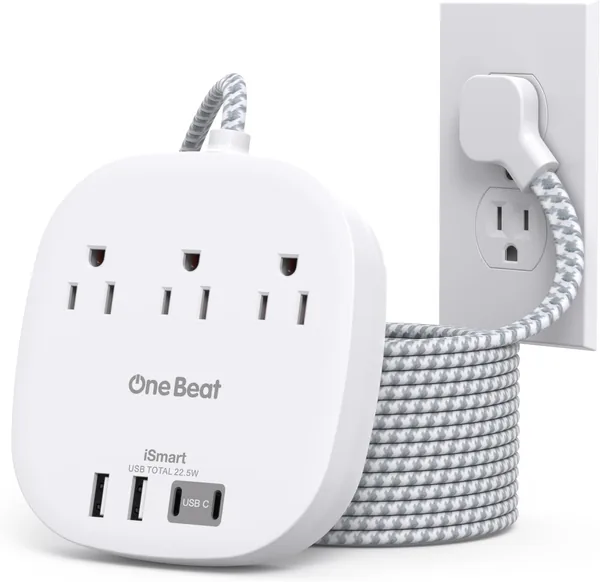 Cruise Ship Power Strip 15ft 22.5W/4.5A Flat Plug Power Strip with 3 Oultets 4 USB Ports 2