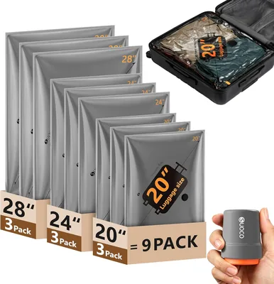 SUOCO Pack mit 9 Vakuumbeuteln für Kleidung mit kabellosem Vakuumpumpe, platzsparende Vakuumbeutel für Kleidung