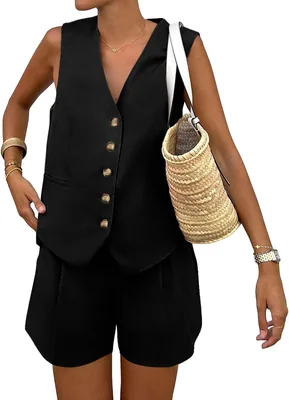 VIOPY Conjunto de 2 Piezas para Mujer Chaleco sin Mangas con Botones Short Casual con Bolsillos para Primavera y Verano Best Deal