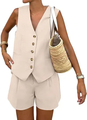VIOPY Conjunto de 2 Piezas para Mujer Chaleco sin Mangas con Botones Short Casual con Bolsillos para Primavera y Verano - Mejor Precio