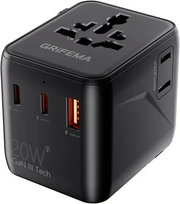 Adaptador Universal GRIFEMA 5 en 1 con 2 USB-C 20W PD, 1 USB-A y 2 Salidas AC, Adaptador Internacional de Viaje