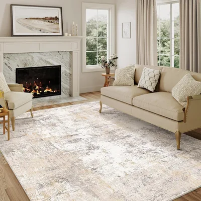 Modern Washable Carpet for Living Room, Beige Grey