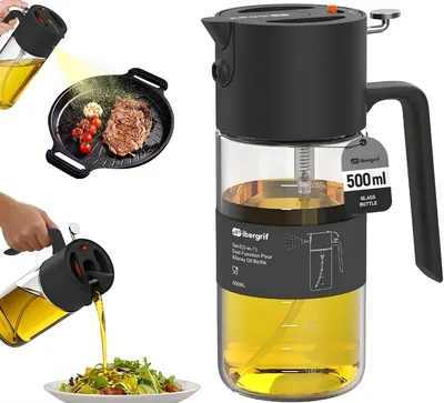 Ibergrif Spruzzatore Olio 2 in 1 da 500 ml, Distributore con Spruzzo e Versamento, Scala Graduale, Bottiglia di Borosilicato Anti-Goccia