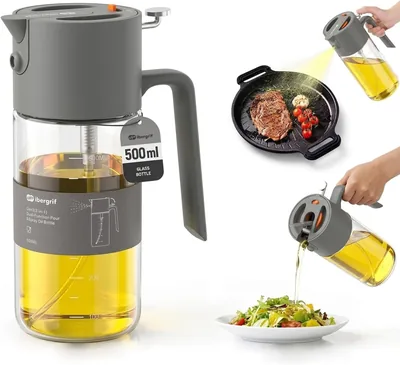 Ibergrif 11% de Descuento: Espray de Aceite 2 en 1 de 500 ml, Gris | Botella de Aceite con Interruptor, Vidrio Borosilicato, Sin Gotas para Freidora de Aire