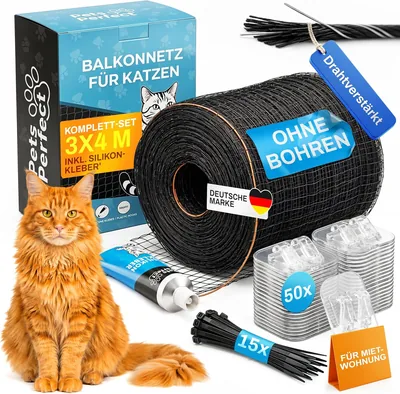 Pets Perfect Cat Net für Balkon ohne Bohren - Verstärkte Katzenabsperrung mit 50 Klebehaken und Silikon