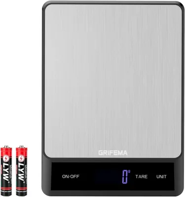 Bilancia da Cucina GRIFEMA GA2008 con Display LCD, Multi-funzione in Acciaio Inossidabile, 5kg/11lb, Batterie Inclusa, Argento - 9% di Sconto