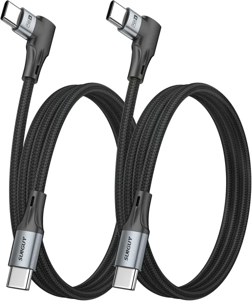 SUNGUY L-Shaped USB C to USB C Cable, 3.3 ft (1 m), Set of 2, Thick Case Compatible, 60 W, PD Rapid Charging, Long Port, Type C Cable, Short, USB 2.0 Data Transfer, Android Auto/Ca